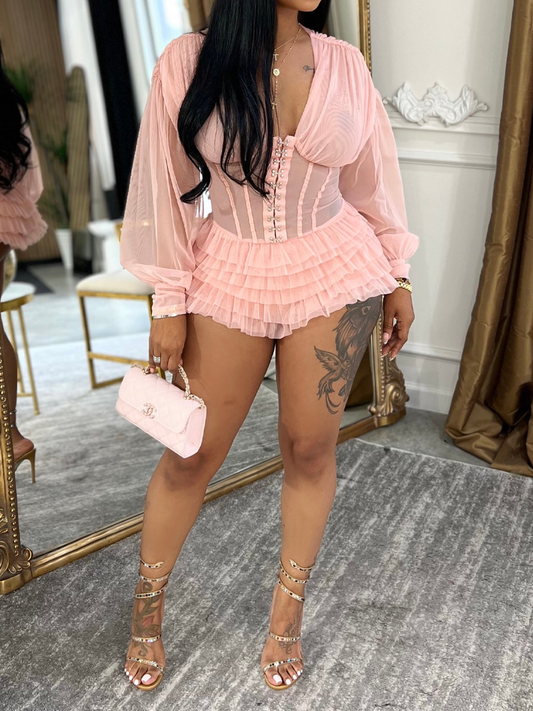 Mesh Patchwork Ruffled Romper