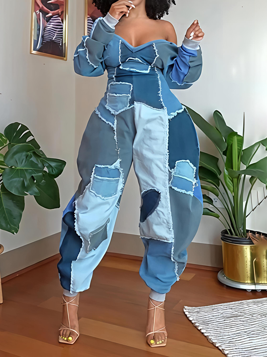 Denim Patchwork Long Sleeve Jumpsuit