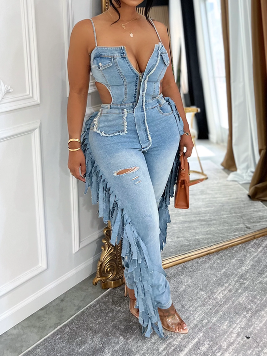 High-Elastic Fringed Suspenders Jumpsuit