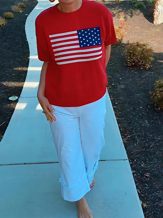 American Flag Bubble Short Sleeve Sweater Knit Pullover