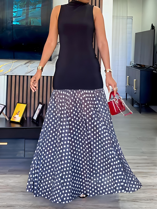 High Neck Sheer Patchwork Maxi Dress