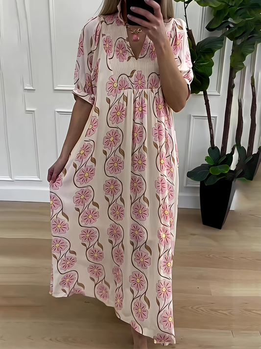Cream Pink Daisy Print Puff Sleeve Maxi Dress