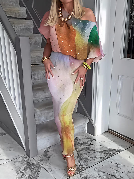 Abstract Print Elasticated Waist Skew Neck Midi Dress