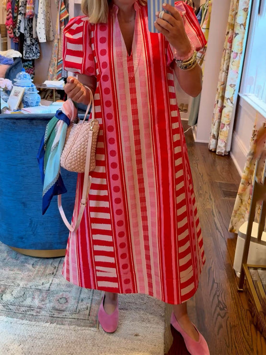 Printed V Neck Elastic Puff Sleeves Loose Maxi Dress