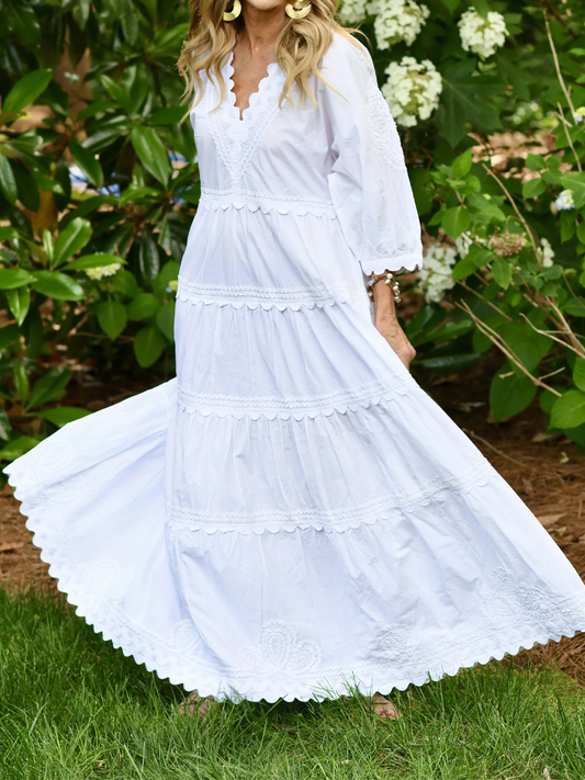 Embroidered Trim V Neck Cotton Loose Maxi Dress