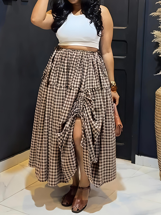 High Waist Drawstring Lace-Up Plaid Irregular Skirt