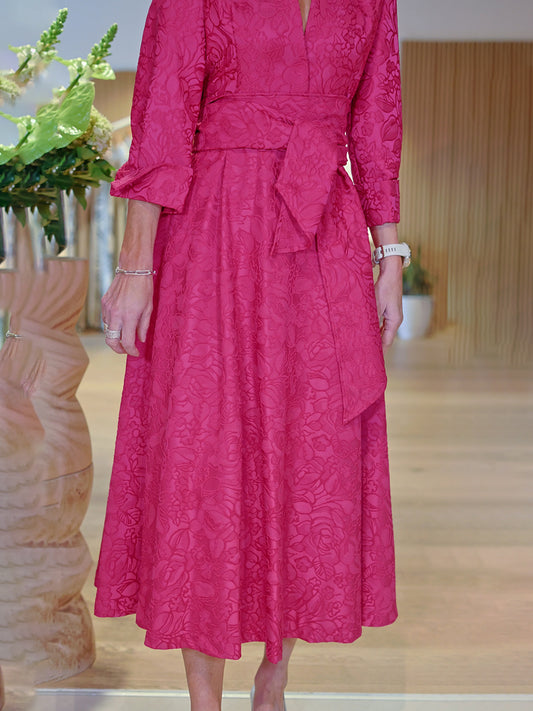 Elegant Floral Jacquard V-Neck Three Quarter Sleeves Belted Dress
