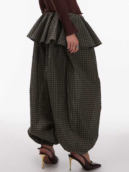Plaid Print Balloon Pants With Skirt Overlay Detail