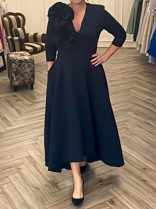 3D Flower V Neck Backless Elegant Dress