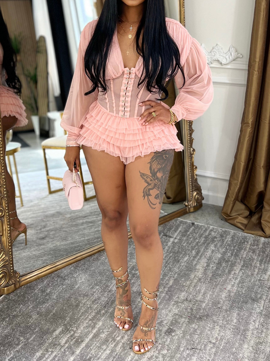 Mesh Patchwork Ruffled Romper