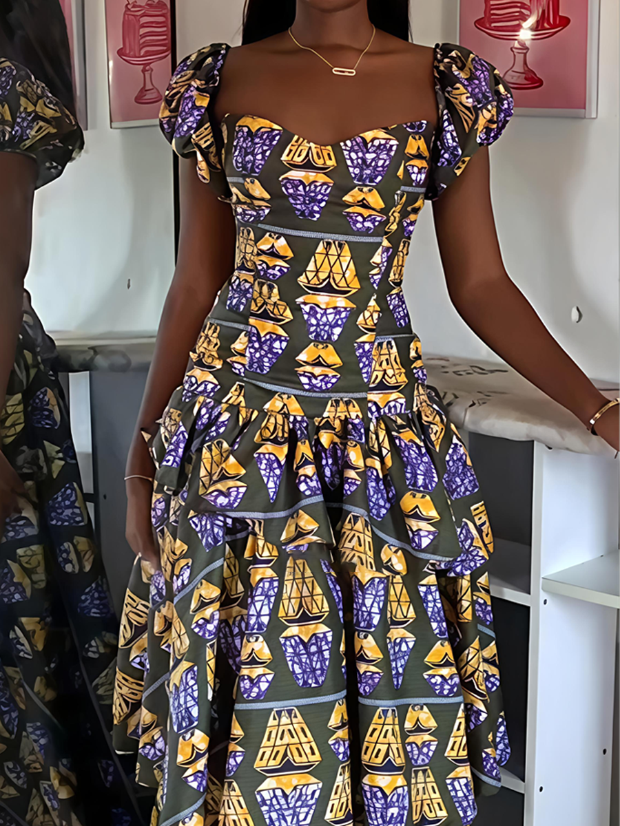 Printed Puff Sleeve Ruffled Dress