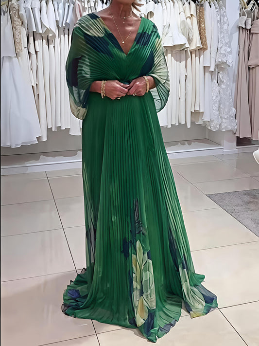 Elegant Printed V-neck Pleated Maxi Dress
