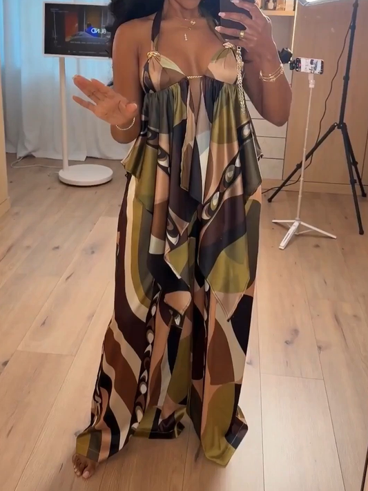 Halter Neck Printed Irregular Hem Two Pieces Set