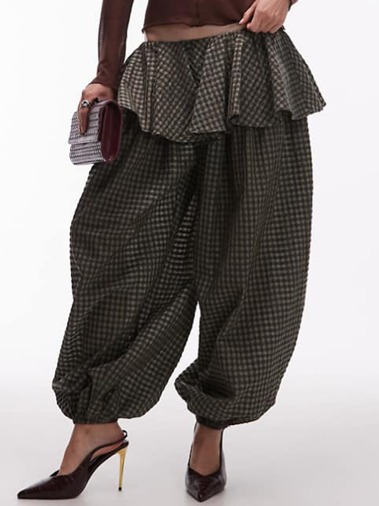 Plaid Print Balloon Pants With Skirt Overlay Detail