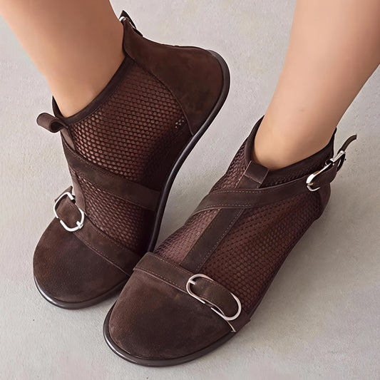 Buckle-Toe Mesh Zipper Flat Ankle Boots