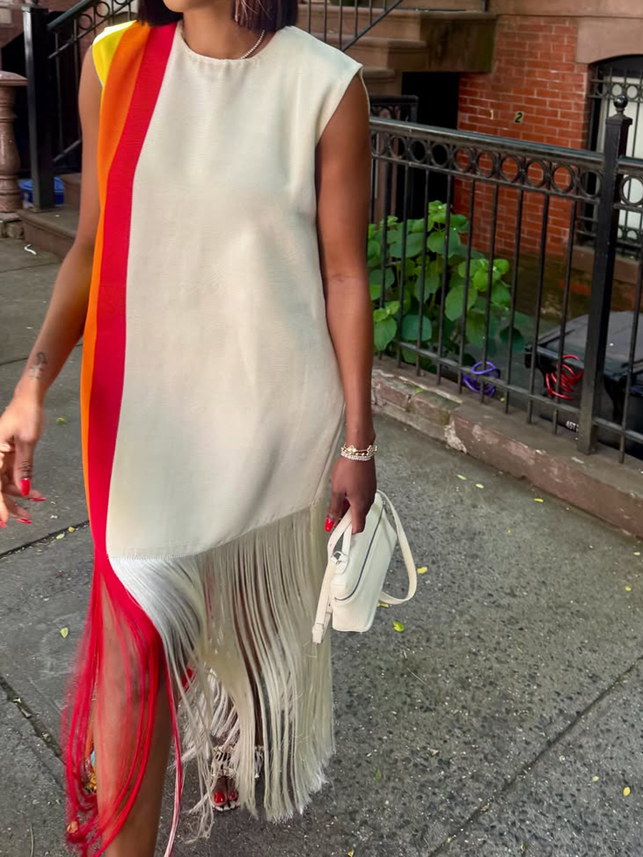 Printed Sleeveless Fringed Hem Dress