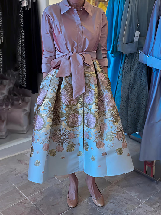 Floral Print Jacquard 3/4 Sleeves Shirt Dress