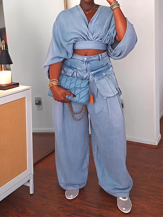 Denim Deep V Neck Top & Wide-leg Pants Sets
