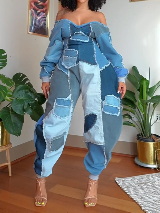 Denim Patchwork Long Sleeve Jumpsuit