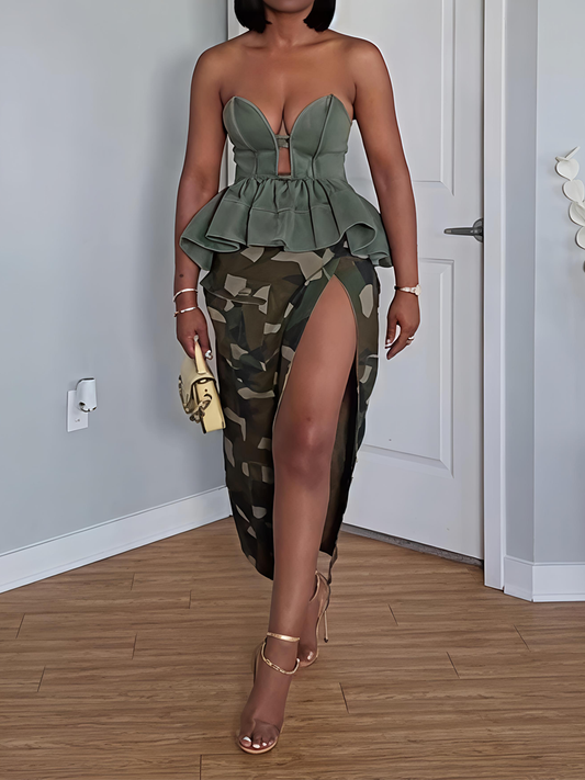 Structured Flared Peplum Hem Top & Camouflage Skirt Set