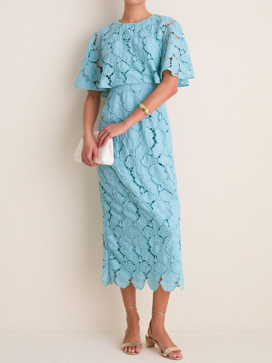 Eyelet Cutout Cape Sleeves Elegant Maxi Dress