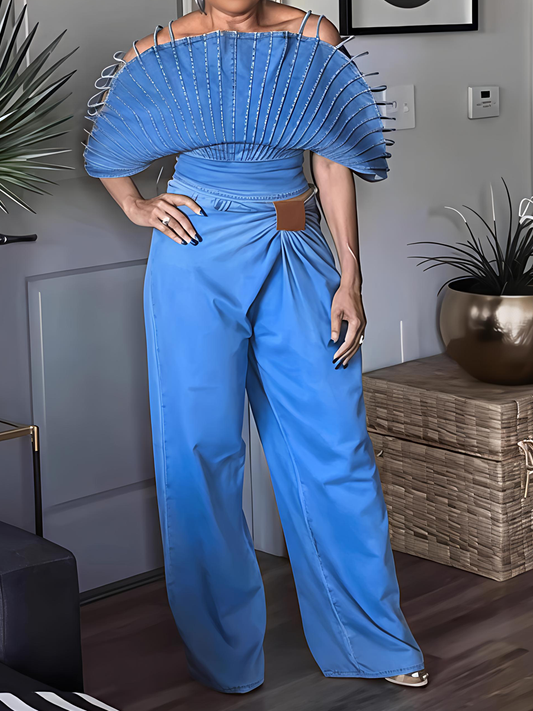 Fan-shaped Denim Top & Wide Leg Trousers Set