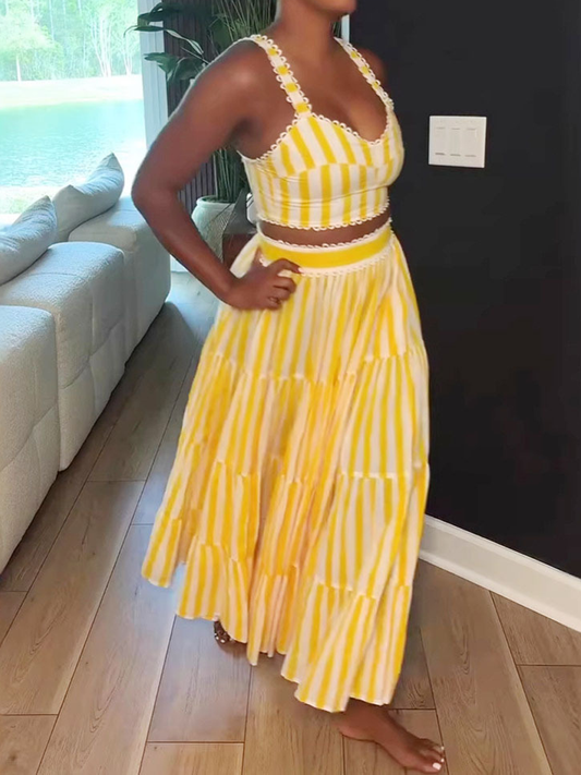 Striped High Waist Two Pieces Dress