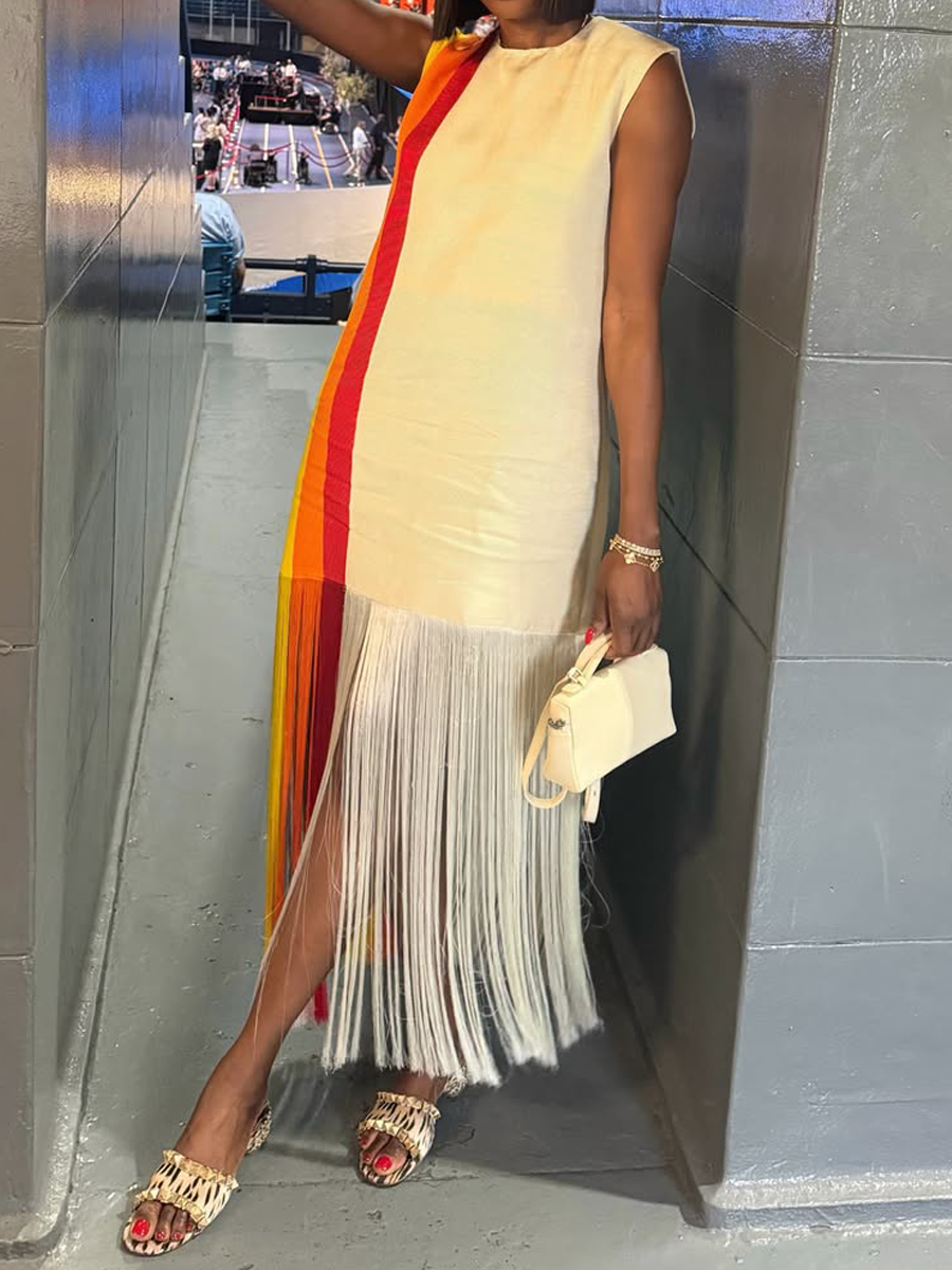 Printed Sleeveless Fringed Hem Dress