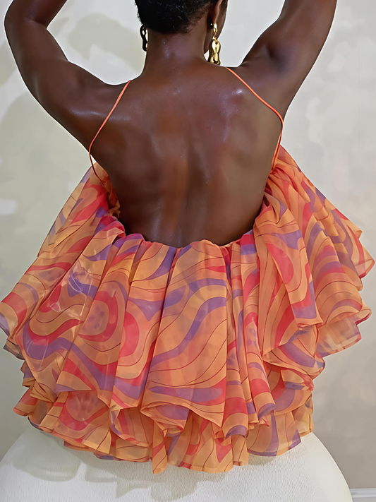 Halter Neck Printed Ruffled Top