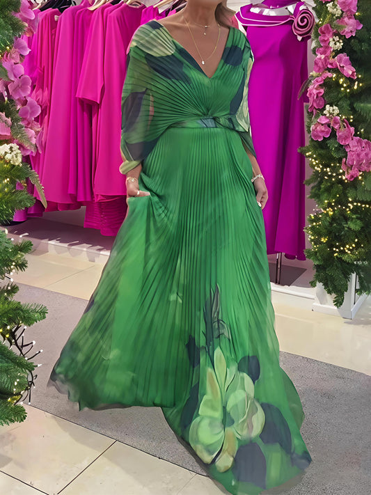 Elegant Printed V-neck Pleated Maxi Dress