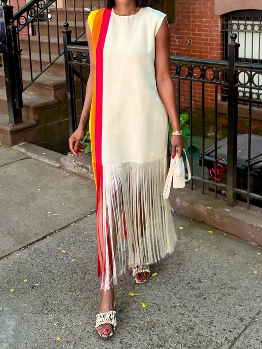 Printed Sleeveless Fringed Hem Dress