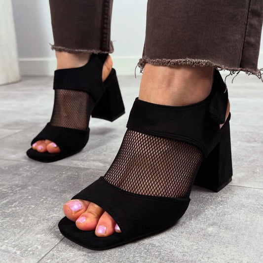 Fashion Mesh Cutout Thick Heel Fishmouth Sandals