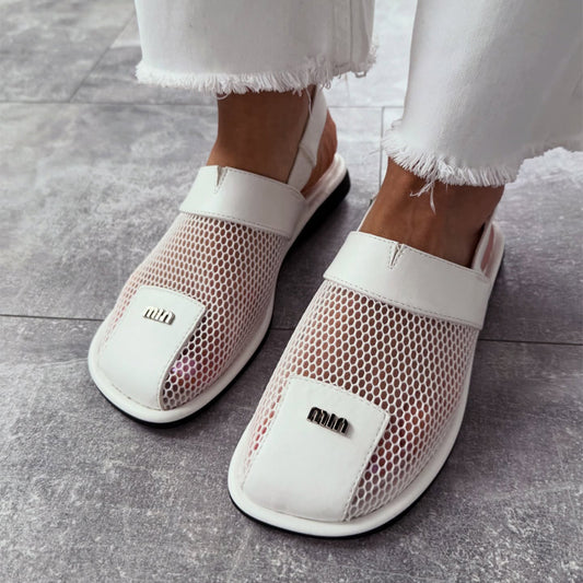 Mesh Cutout Square-toe Flat Sandals