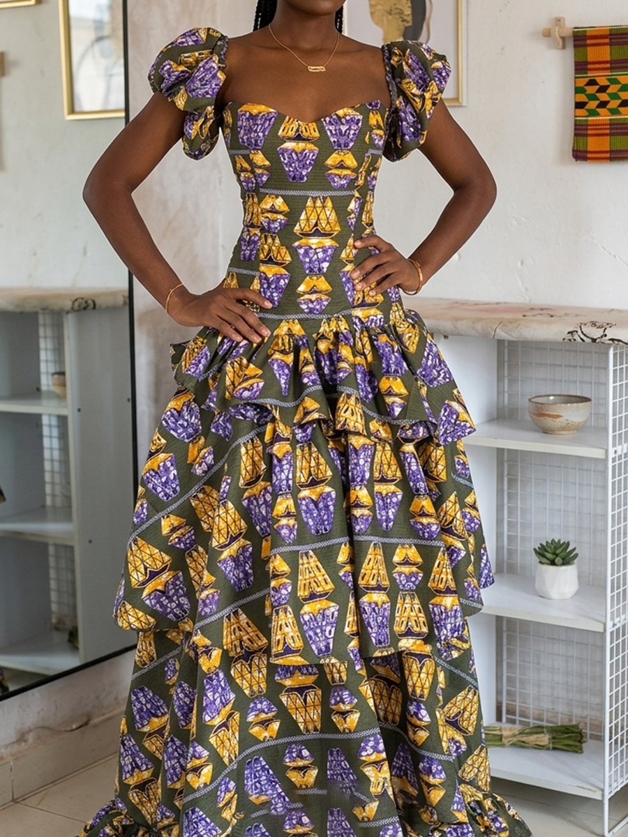 Printed Puff Sleeve Ruffled Dress