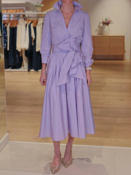 Elegant Belted Pleated Solid Color Midi Dress