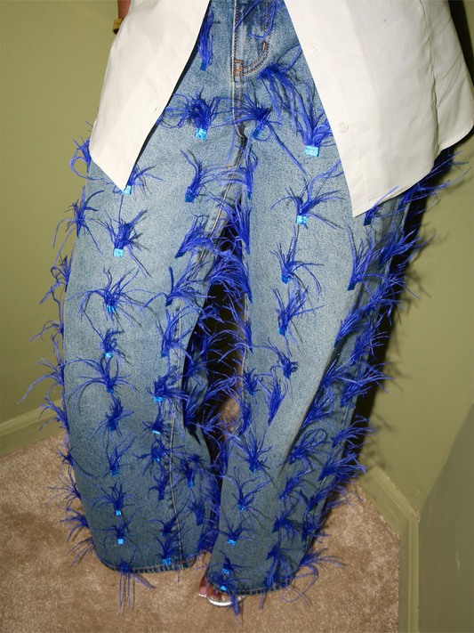 Feather-Embellished Jeans