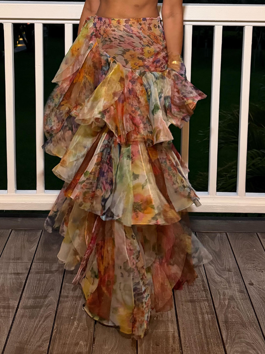 Floral Print Ruffled High Waist Maxi Skirt