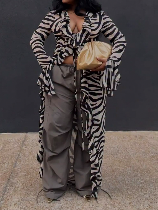 Zebra Print Tie Front Chiffon Maxi Top