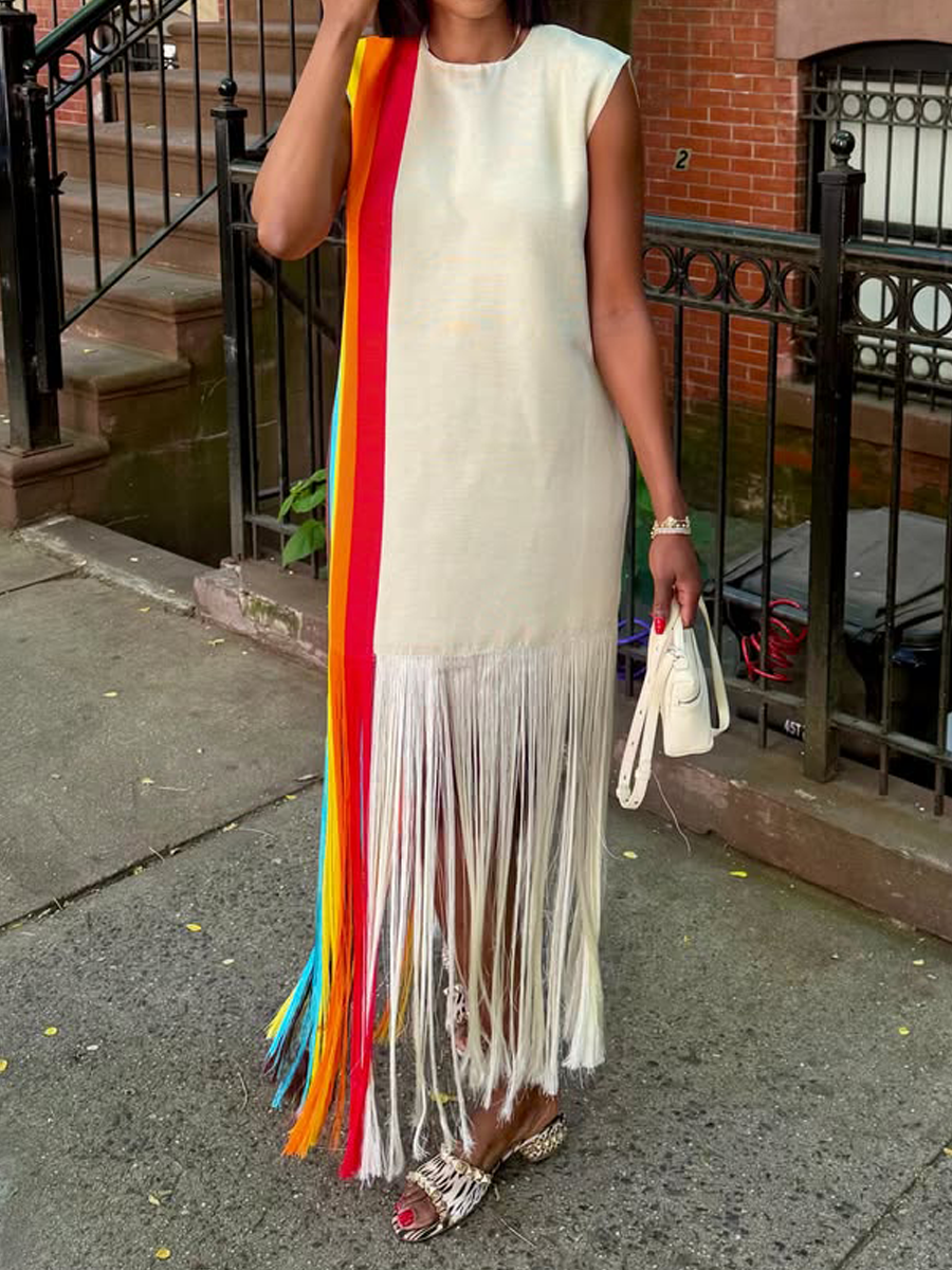 Printed Sleeveless Fringed Hem Dress