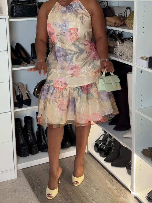 Printed Tiered Halter Neck Mini Dress