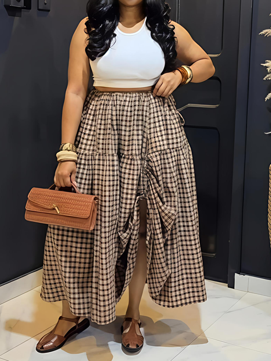High Waist Drawstring Lace-Up Plaid Irregular Skirt