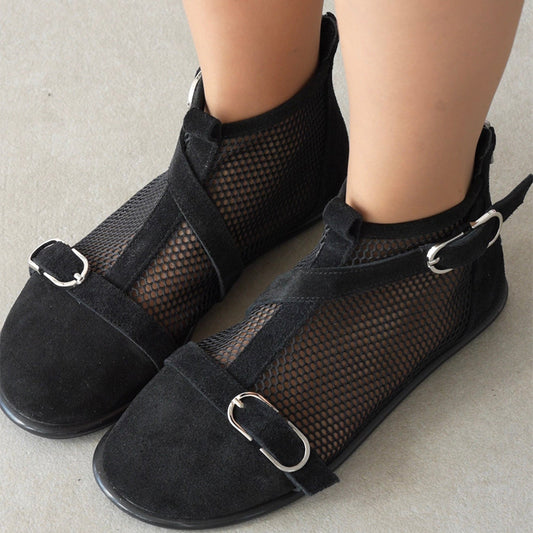 Buckle-Toe Mesh Zipper Flat Ankle Boots
