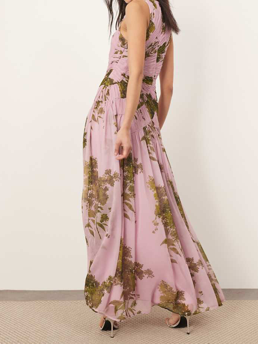 Chiffon Ruched Dropped Waist Dress