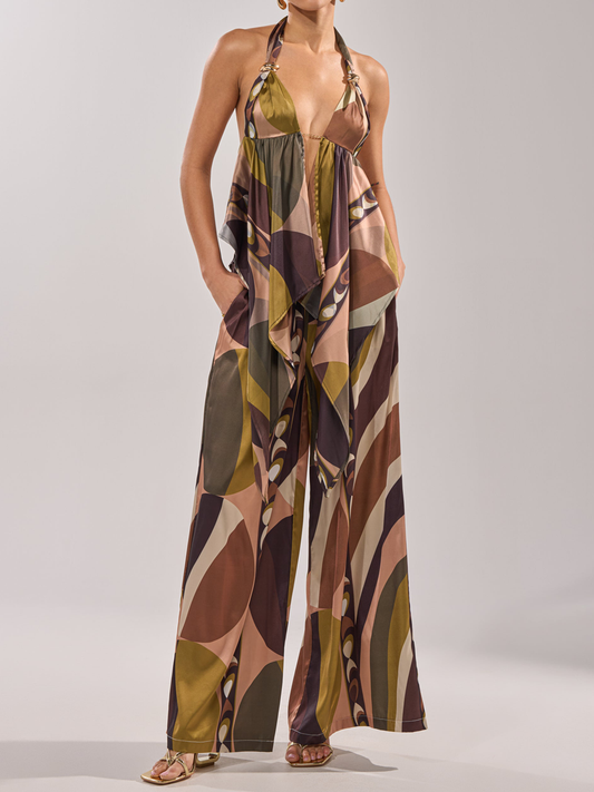 Halter Neck Printed Irregular Hem Two Pieces Set