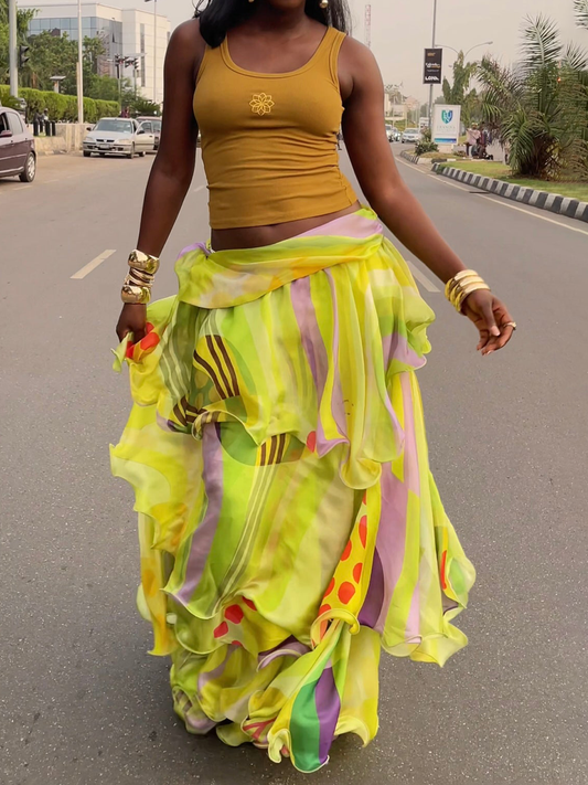Multicoloured Print Asymmetrical Waist Layered Skirt