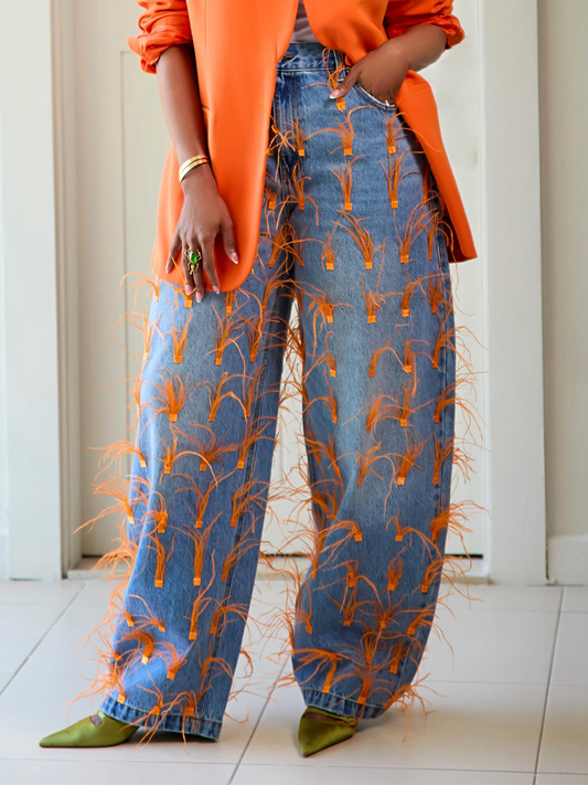 Feather-Embellished Jeans