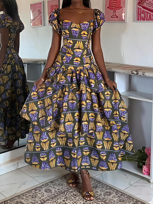 Printed Puff Sleeve Ruffled Dress
