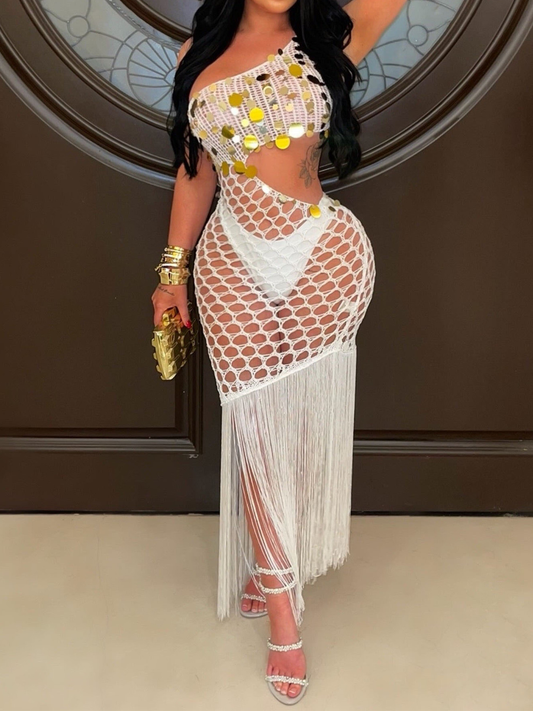 Knitted See-through Sequin Tassel Beach Dress