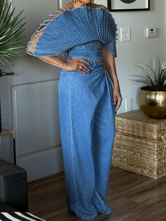 Fan-shaped Denim Top & Wide Leg Trousers Set
