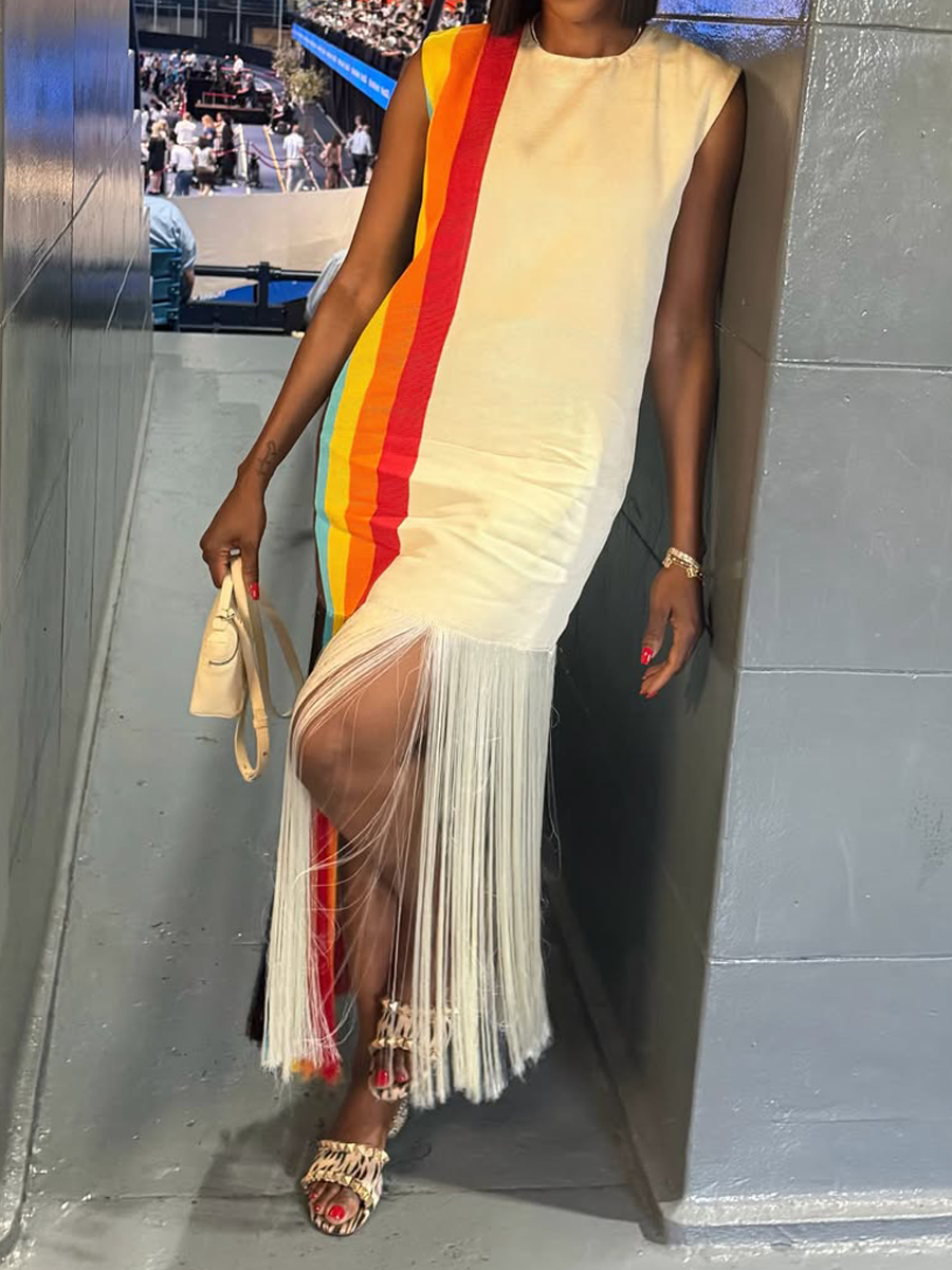 Printed Sleeveless Fringed Hem Dress